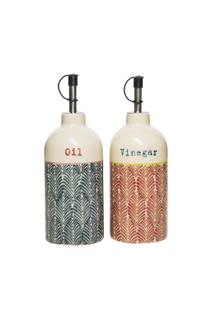 Vinegar & Oil Bottles - Hand-Stamped Stoneware Set